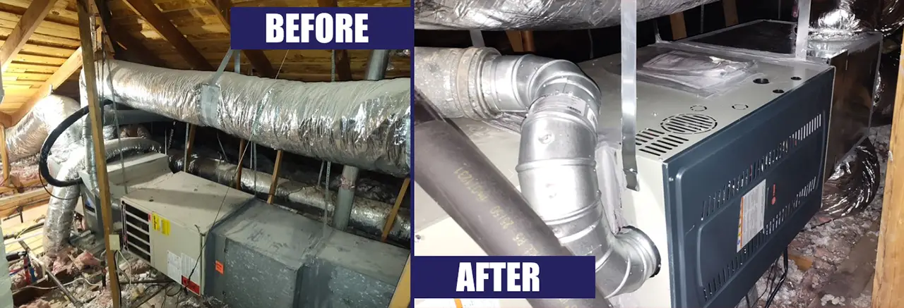 Before & After image of an HVAC system in the attic of a customer's home.